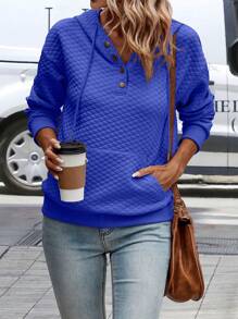 SHEIN LUNE Women's Fall/Winter Solid Color Drop Shoulder Long Sleeve Button Half Placket Hoodie - Royal Blue - View 4