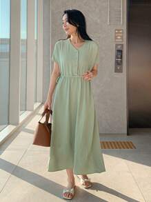 DAZY V-Ausschnitt lässiges, weites Taillen Maxikleid für Damen, Sommerkleid