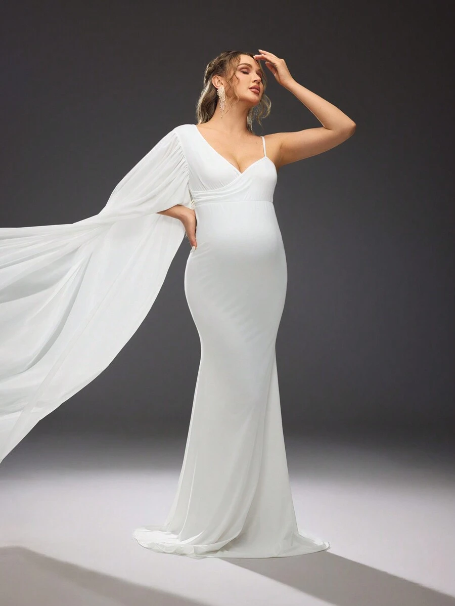 SHEIN Solid Color Slim Fit Long Maternity Spaghetti Strap Dress, Photo Shoot Outfit - White - View 1