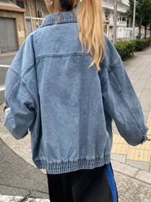 FRIFUL Women's Autumn Dropped Shoulder Long Sleeve Zipper Front Casual Denim Jacket