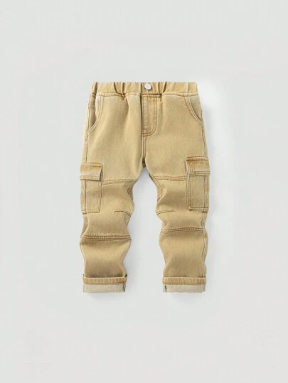 SHEIN 男童水洗米色休闲时尚实用设计直筒牛仔裤