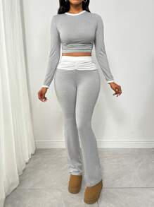 VaVaBold 2pcs Women Solid Crew Neck Long Sleeve Top And Pants Casual Set