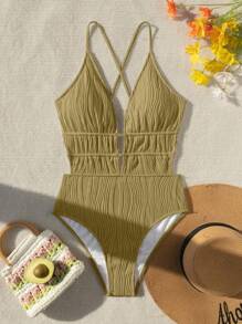 Swim Vcay Baju Renang Wanita Model One-Piece Tanpa Lengan dengan Leher V Dalam, Warna Polos, dan Tali Silang di Bagian Belakang, Sempurna untuk Liburan Pantai Musim Panas - Hijau Tentara - View 5