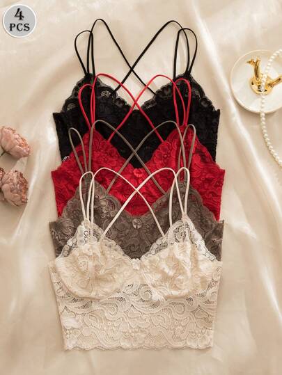 4 件套多色性感女士蕾丝文胸带蝴蝶结装饰，交叉肩带，无衬垫和钢圈内衣蝴蝶结