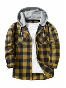 Manfinity Hypemode Camisa Casual Masculina com Capuz, Botão na Frente, Manga Longa, Cor Sólida, Remendo