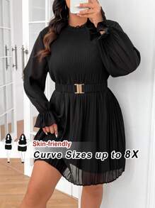 SHEIN CURVE+ Plus Size Women's Solid Color Ruffle Flare Sleeve Elegant Dress, Spring Summer - Black - View 8