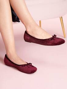 CUCCOO DOLLMOD Plus Size Rhombic Toe Flat Burgundy Red Suede Bow Decor Cute Flat Shoes, Minimalist Style For Women, Autumn/Winter New Year Holiday Valentines