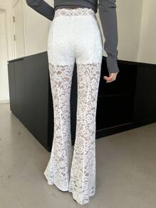 DAZY Pantalones con diseño sexy, de encaje ajustado con pierna acampanada para mujer, color blanco, para todas las estaciones