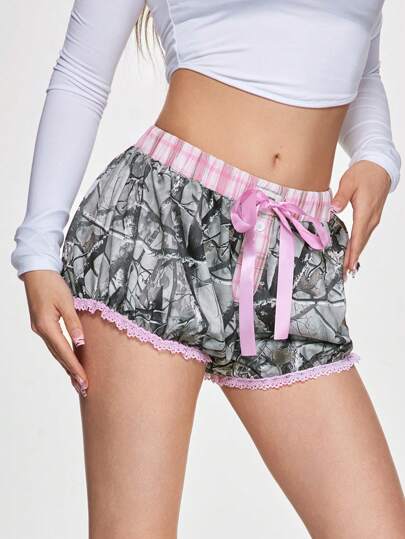 Kawaii Y2K Low Waist Sexy Bowknot Belted Embroidered Camo Print Bodycon Ruffle Shorts For Women