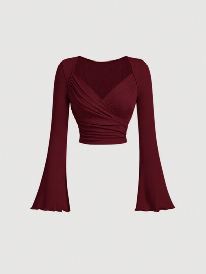 SHEIN MOD Élégant T-shirt abricot avec manches évasées superposées, vêtements, T-shirt blanc pour femmes, vêtements d'automne pour femmes, tenue de rentrée scolaire, tenue de sortie, T-shirt près du corps, Nouvel An, Saint-Valentin