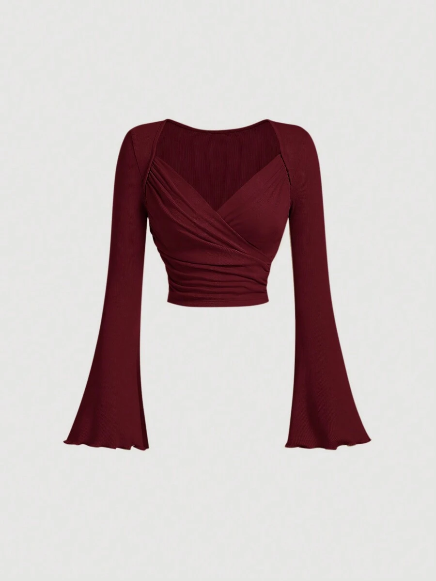 SHEIN MOD 重叠喇叭袖前杏色优雅 T 恤，衣服，白色女式 T 恤，秋季女装，返校季，外出服，修身 T 恤，新年，情人节