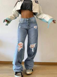 Women's Light Color Wash Stacked Casual Fashion Street Ripped Holes Pockets Straight Loose Jeans - 淺色水洗藍 - 查看 1