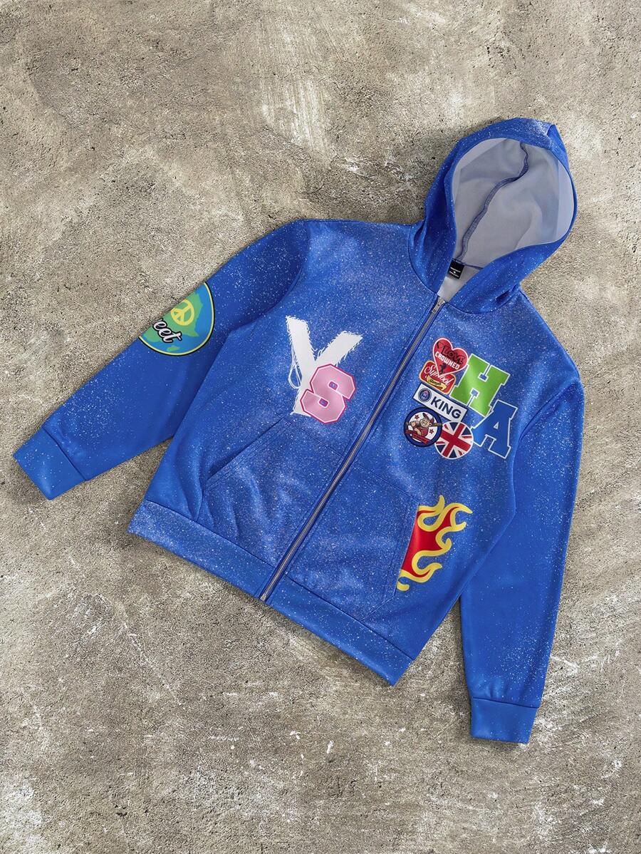 Manfinity EMRG Sudadera con capucha casual con cremallera y estampado de letras para hombre, para otoño/invierno