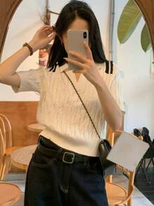 DAZY Suéter de mujer con cuello polo, bloque de color, rayas decorativas y manga corta - Blanco - Ver 5