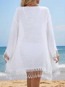 Swim Vcay 女士纯色落肩长袖流苏袖口宽松和服罩衫夏季