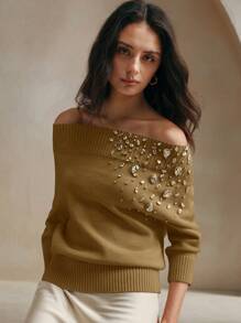 Anewsta Elegant Off Shoulder Rhinestone Studded Sweater, Women For New Year Knit Pullover Fall Winter Sweater - Khaki - View 6