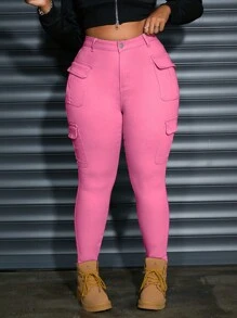SHEIN EZwear 大码女式粉色高腰翻盖口袋紧身弹力牛仔裤 - 粉色 - 查看 4
