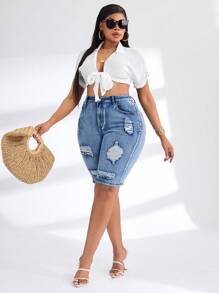 SHEIN SXY Plus Size Women Side Pockets Distressed Denim Knee Length Capri Shorts