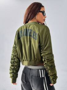 SHEIN EZwear Winter Cargo Athleisure Game Day Graphics Keep Warm Zip Up Army Green Loose Quilted Jacket, Bomberjack Dames