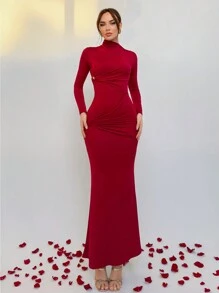 Aloruh Women's Valentine's Day Holiday New Years Party Red Dress Solid Color High Neck Metallic Decor Pleated Asymmetric Bodycon Extra Long Sleeve Dress, Autumn/Winter