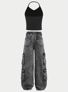 SHEIN Tween Mädchen Tank Top in Denim-Optik und locker sitzende Denim-Cargohose, 2 Stücke Set