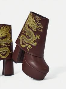 CUCCOO SZL Outdoor Women Round Toe Thick High Heel Waterproof Platform Embroidery Decor Brown PU Double Layer Material Fashion Fashionable Comfy Daily Party Side Zipper Ankle Boots Valentine Day