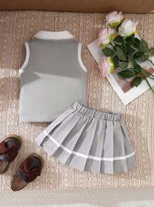 SHEIN 2pcs Baby Girls' Fashion Minimalist College Style Sporty Pleated Skirt & Camisole Outfit, Spring/Summer