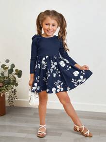 SHEIN Leap Crew 年轻女孩针织纯色蝴蝶袖上衣搭配编织碎花连衣裙 - 藏蓝色 - 查看 5