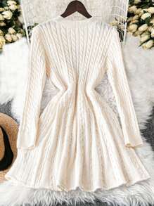 SHEIN LUNE Gaun Sweater Midi Bergaris dengan Pita, Modis, dan Pas Badan untuk Wanita Ukuran Plus, Musim Gugur/Dingin - Aprikot - View 2