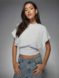 MISSGUIDED Knitted Short Sleeve Crop Top Turtleneck Mock Neck Sweater Fall Winter Cozy Casual Pullover Ribbed Hem