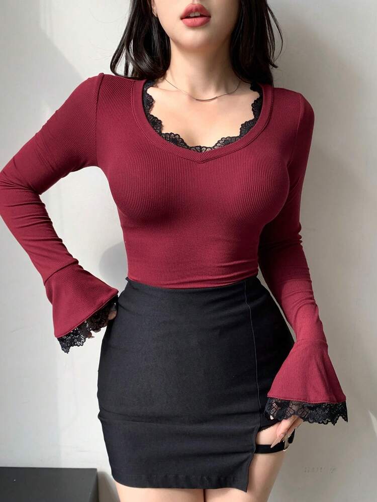 Women's Lace Collar Splice Long Sleeve Slim Fit T-Shirt