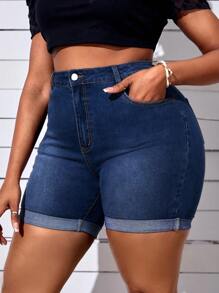 SHEIN SXY 大码休闲高腰修身洗水牛仔短裤