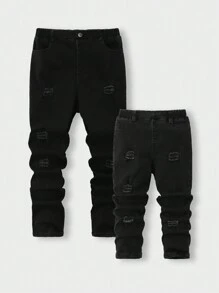 SHEIN 1 条适合青少年男孩的时尚破洞嘻哈牛仔裤，哥哥款和弟弟款单独出售 - 黑色 - 查看 1