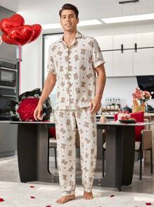 Cartoon Bear Print Men's Pajama Set - Apricot - View 4