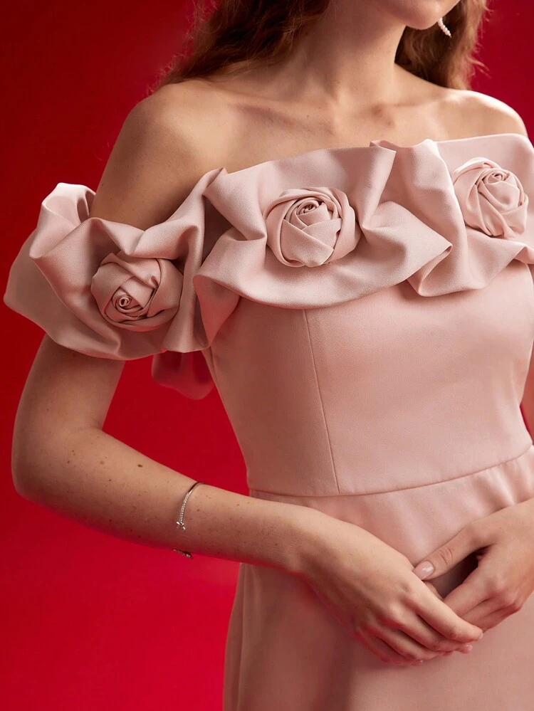 VESTIDO CON HOMBROS DESCUBIERTOS FLORAL ESTÉREO, ATUENDO PARA EL DÍA DE SAN VALENTÍN