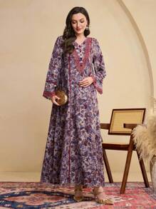 Al Najma Women's Color Block Bell Sleeve V-Neck Dress With Lace Trim, Suitable For Autumn/Winter, Boho Modest Maxi Jalabiya Arabian Dresses, For Casual Daily - Purple - View 6