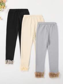 3pcs/Set Girls' Minimalist Solid Gray, Black, And Apricot Color Rib Fabric Long Leggings With Ruffle Hem - Multicolor - View 2