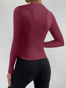 SHEIN PETITE Solid Simple Long Sleeve Ruched Tee Fall Cloth For Women - Burgundy - View 2