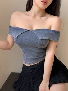 DAZY 女士简约露肩牛仔衬衫，休闲日常穿着 - 中等水洗藍 - 查看 1