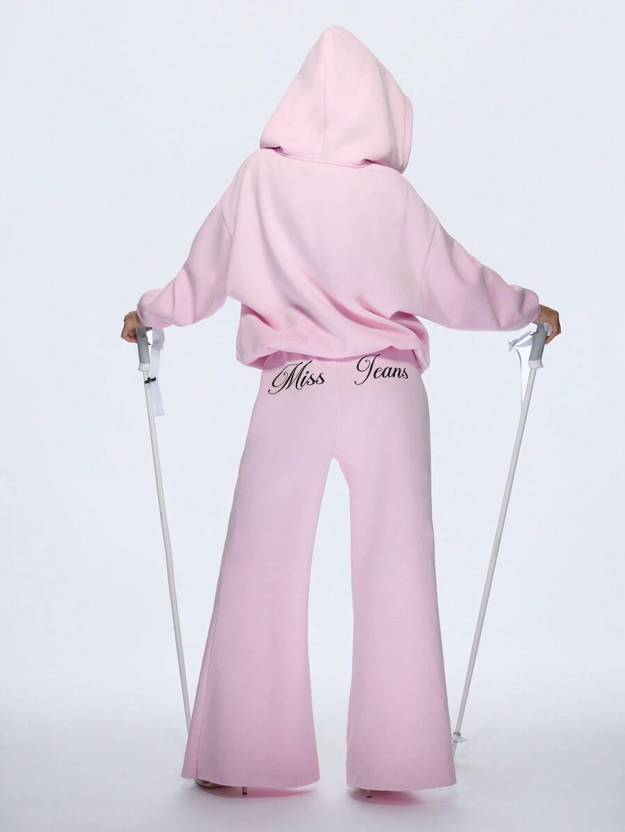 MISSGUIDED Miss Jeans Embroidered Logo Palazzo Sweatpants Oversized Wide Leg Lounge Pants Elastic Waist Athleisure Winter Jogger Workout Bottoms - Pink - View 1