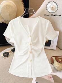 Chiquease 女士纯色短袖单排扣荷叶边休闲 T 恤 - 白色 - 查看 2