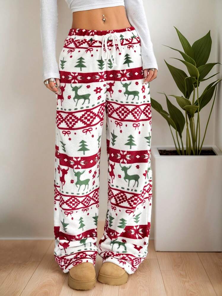 LanaWest Christmas New Plush Graphic Print Comfortable Women Loose Straight Leg Pants
