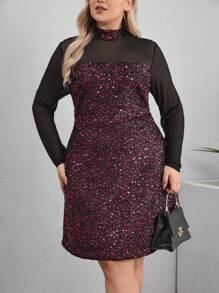 SHEIN Clasi Plus Size Women Sequins Patchwork Stand Collar Mesh Long Sleeve Elegant Dress - Hot Pink - View 1