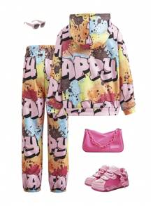 Conjunto de 2 piezas de niña preadolescente con sudadera con capucha y pantalones con estampado gráfico de letras en efecto tie-dye, que muestra un estilo de ropa de calle de moda, adecuado para la escuela, salidas y las temporadas de otoño/invierno