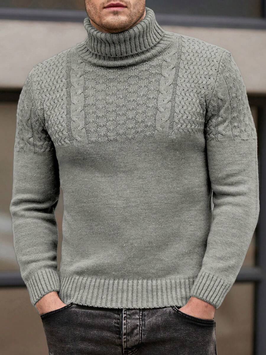 EURMUSE Men Cable Knit Detailed Turtle Neck Casual Sweater For Autumn & Winter - Grey - View 1