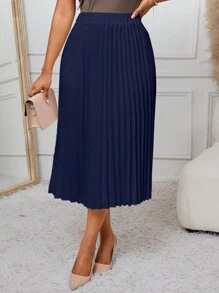 SHEIN Lady 2025 New Navy Blue Pleated A-Line Skirt, Versatile For Work And Occasions Chic Skirt Fall Outfits For Women Winter Outfits For Women Pleated Skirt Women Dark Blue Pleated Skirt
