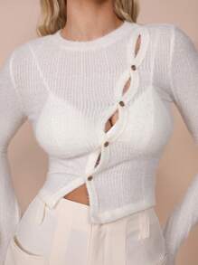 COSMINA Women Solid Color Round Neck Hollow Out Long Sleeve Slim Fit Top, Autumn