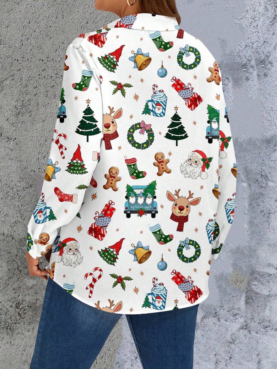 Plus Size Women Christmas Print Casual Long Sleeve Turndown Collar Button-Up Shirt, Autumn/Winter