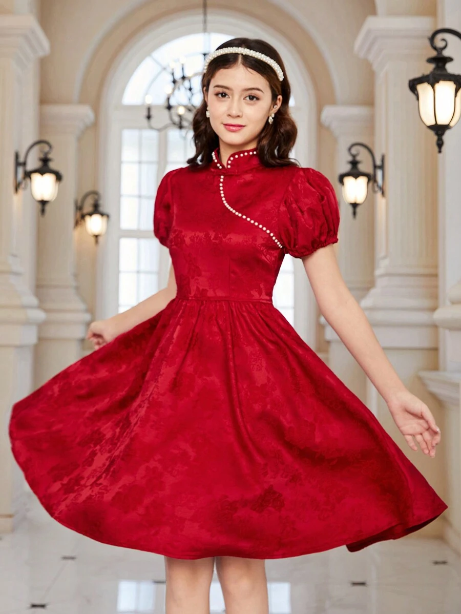 Vestido Hanfu rojo de estilo tradicional chino con cuello alto para niñas adolescentes en Navidad
