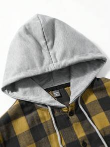 Manfinity Hypemode Camisa Casual Masculina com Capuz, Botão na Frente, Manga Longa, Cor Sólida, Remendo
